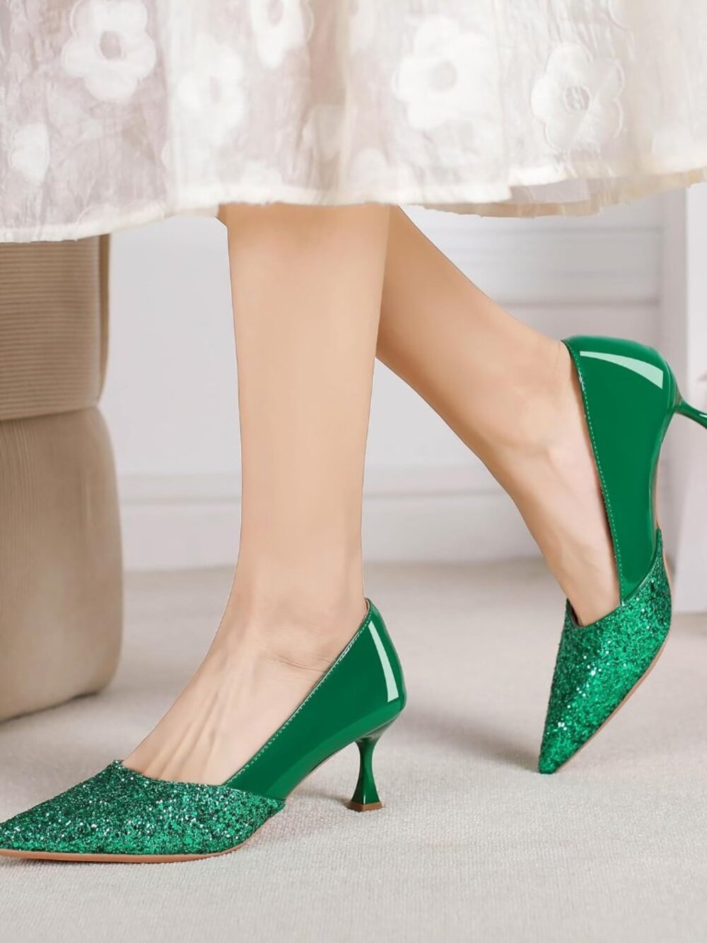 Women's Green Kitten High Heels 2 Inch Sequin Pointed Toe Leather Pumps Shoes - Picture 3 of 6